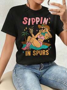 And  Women's T-Shirt, Autumn Season, Sippin' In Spurs Graphic T-Shirt Men's T-Shirt Tops Sweatshirts For Women Y2k T-Shirt Shirt - 黑色 - 查看 9