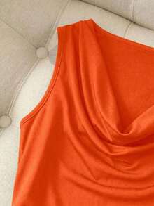 1 conjunto de top sin mangas de cuello en V ajustado de color marrón con falda pantalón de oficina de color albaricoque para mujer - Naranja - Ver 5
