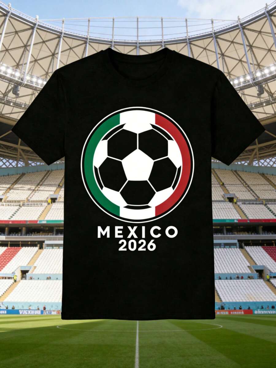 Hombres 002 | |   Fútbol |   Camiseta Negra con Emblema de Fútbol y Diseño de México 2026, Perfecta para Fanáticos del Fútbol y para Celebrar la Próxima Competencia Internacional 12_27 - Negro - Ver 1