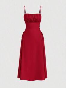 Vestido de tirantes unicolor pecho con fruncido con cordón lateral - Rojo - Ver 1