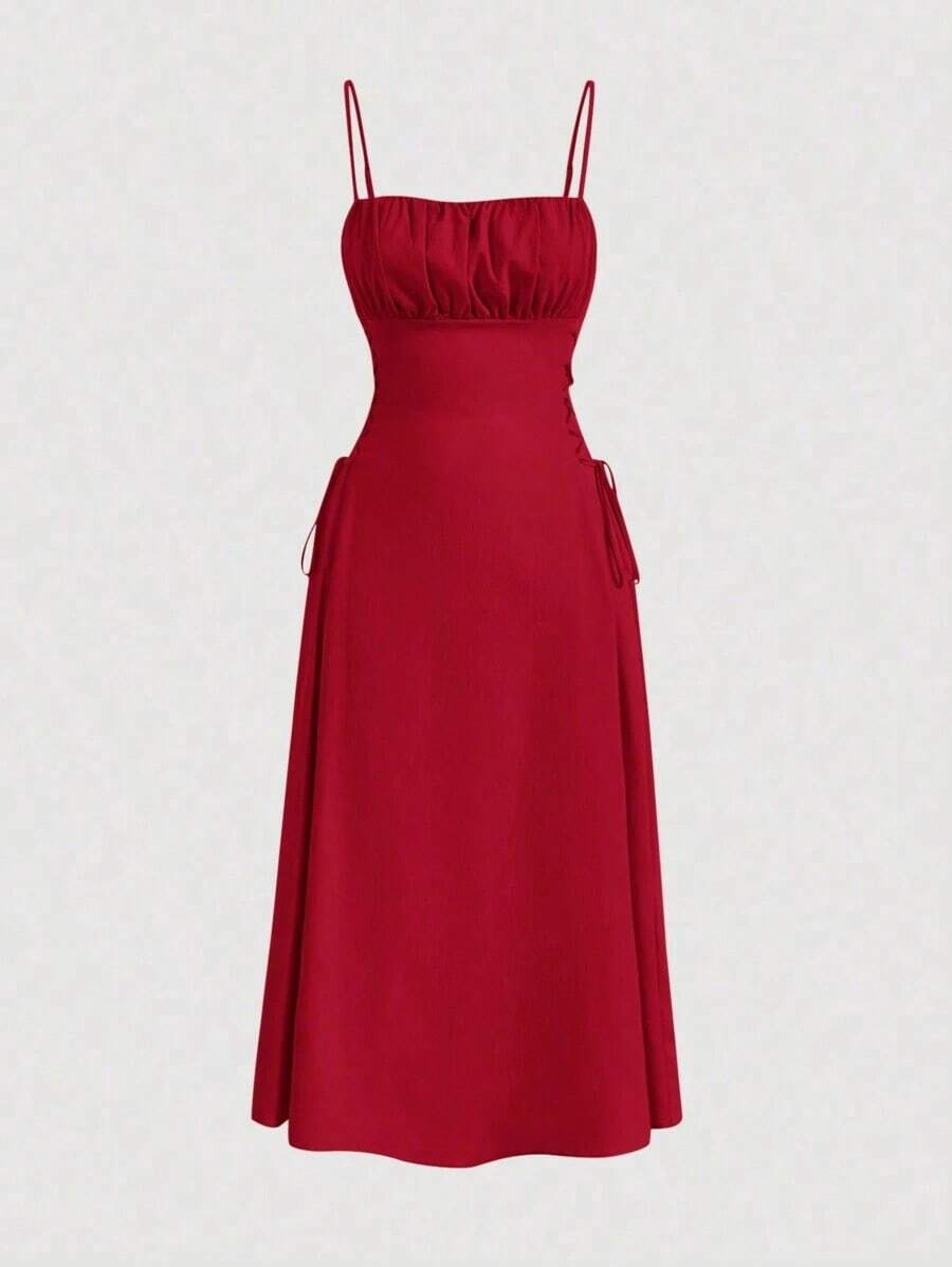 Vestido de tirantes unicolor pecho con fruncido con cordón lateral - Rojo - Ver 1