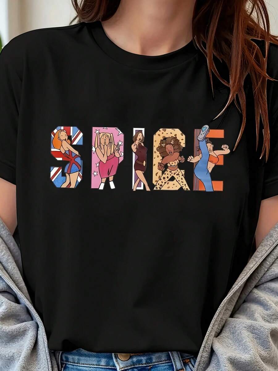 Una camiseta de manga corta para mujer, moderna, a la moda, retro, holgada, suave y cómoda, adecuada para actividades al aire libre en primavera y verano, con estampado de dibujos animados y cuello redondo - top de verano holgado, estampado brillante, estilo casual y lavable a máquina.blusas para mujer,blusas casuales para dama,tops,, mujer premium,y2k,playeras de mujer curvy,ofertas y liquidaciones ropa mujer,playeras deportivas para mujer,,playeras de hombre, mujer,blusas>elegante WILV - Negro - Ver 1