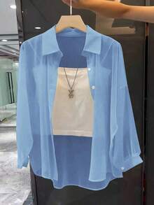 Blusa minimalista de unicolor transparente con cuello vuelto, blusas de manga larga - Azul - Ver 1