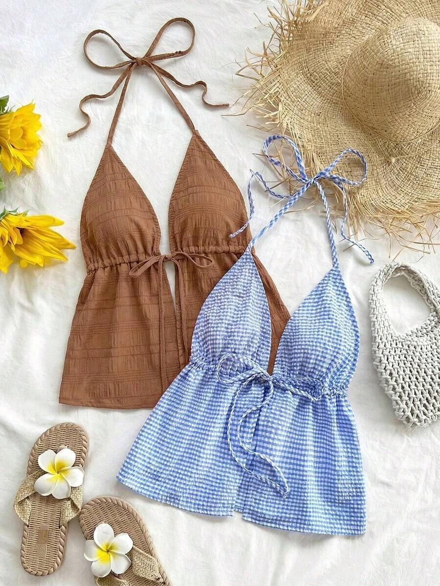 2 piezas Camiseta sin espalda con escote en V y tirantes con estampado de leopardo sexy, adecuada para vacaciones, citas, té de la tarde, vacaciones, festivales de música, estilo bohemio - Café integral - Ver 1