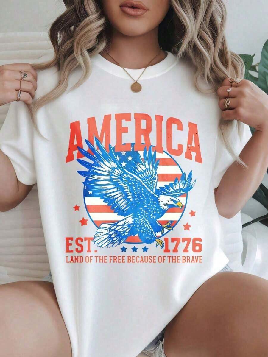 100% Cotton Comfort T-Shirt S America, USA 4th Of July T-Shirt, Patriotic Land Of The Free T-Shirt, America Est. 1776 T-Shirt - 白色6 - 查看 1
