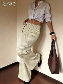 Pantalones anchos de rayas azul marino de moda para mujer, tela con caída, detalles de botón de metal de cintura alta, adecuados para la oficina y ocasiones casuales - Albaricoque - Ver 6