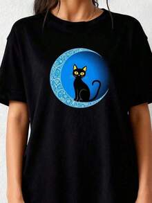 1 pieza Camiseta de manga corta de cuello redondo holgada unisex de 180g, 100% algodón puro transpirable y suave, estilo Y2K Bababask con estampado gráfico moderno, ideal para mujer y hombre, perfecta para uso diario, festivales, conciertos y todas las estaciones - Negro - Ver 6