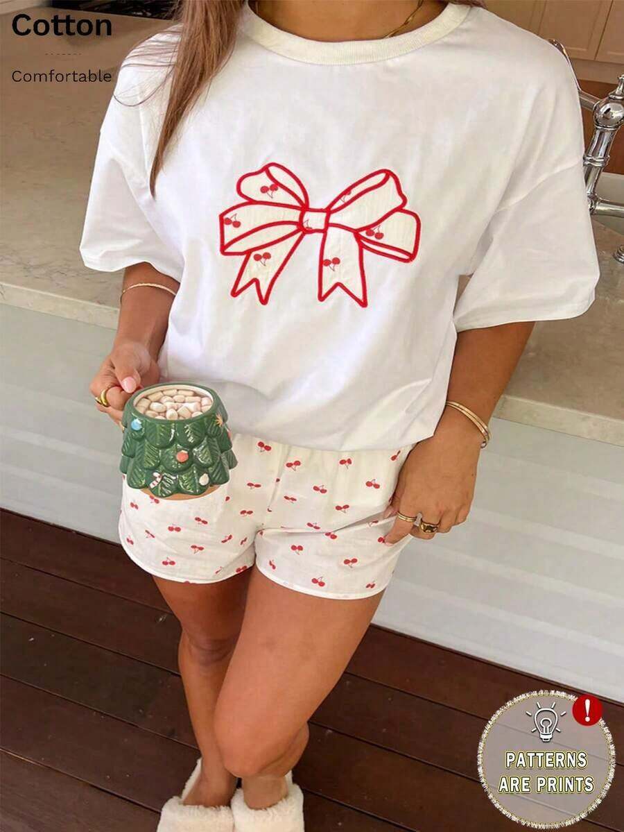 Women's Oversized T-Shirt With Cherry Print, Round Neck, Short Sleeve, Casual Design - 黑色 - 查看 1