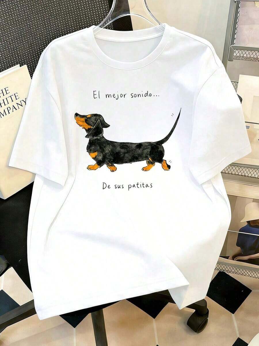 Camiseta para Mujer con Estampado Único de Perro, Cuello Redondo, Manga Corta, Diseño Casual - Negro - Ver 1