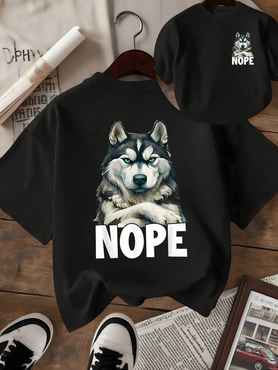 Rostro de husky con mirada desafiante que transmite independencia humor y fuerza interior acompañado de letras grandes que expresan actitud firme con un mensaje divertido camiseta de mujer estampado doble casual moderna - Negro - Ver 1