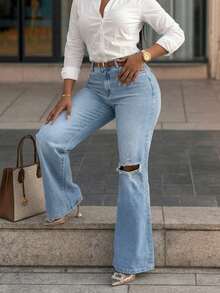 Women's Distressed Elastic Skinny Flare Jeans Casual - Light Wash - View 5