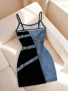 Nuevo Vestido mini ajustado de mujer de ajuste regular con estampado de efecto denim - Multicolor 5 - Ver 2
