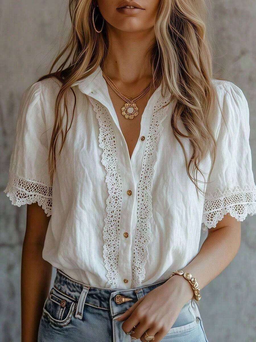 Blusa elegante de mujer con unicolor, bordado y parches de encaje, versátil para el hogar, uso diario y todas las estaciones, rosa de verano - Blanco - Ver 1