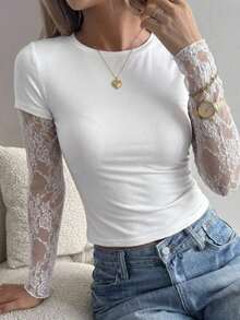 1 pieza Camiseta de mujer con cuello redondo lisa, de ajuste ceñido y manga corta, simple y de moda, adecuada para el verano - Blanco 4 - Ver 2