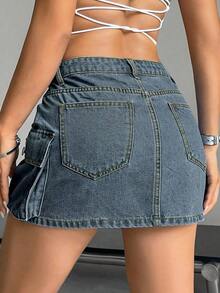 Falda vaquera de cargo de unicolor de verano para mujer - Azul - Ver 2