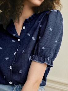Camisa azul de mujer con cuello con volantes, mangas de pétalos y textura de tela suave, estilo francés casual de vacaciones, primavera/verano - Azul marino - Ver 5