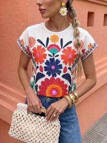 Camiseta con mangas de murciélago a rayas, informal, camisetas gráficas de verano para mujeres - Multicolor 2 - Ver 4