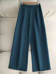 Pantalones casuales sueltos con bolsillos plisados de unicolor para mujer - Azul - Ver 2
