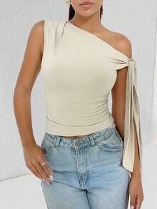 Camiseta de tirantes de unicolor informal con cuello de halter y lazada para el verano - Albaricoque - Ver 7