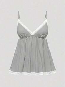 Conjunto de pijama casual de camiseta de tirantes acanalada y shorts con encaje - Gris Claro - Ver 7