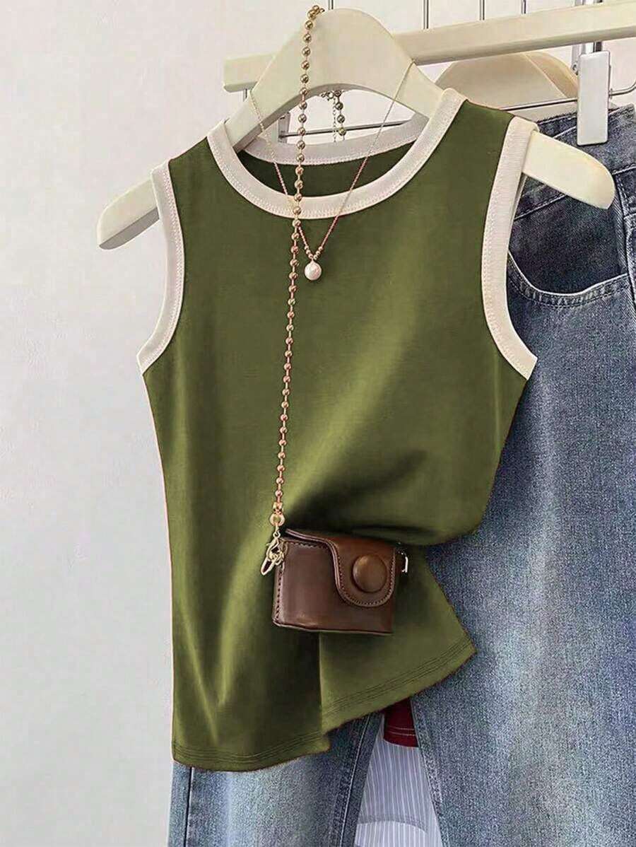 Top de camisola roja con ribetes contrastantes para mujer - Verde militar - Ver 1