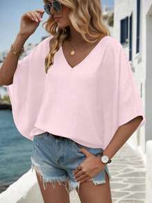Camisa de manga de murciélago de unicolor casual, verano - Rosa Pálido - Ver 10