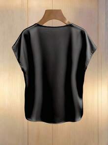 Blusa elegante de mujer con mangas de murciélago en color champán, cuello redondo decorado con perlas y manga corta, de tela de satén, adecuada para ir a trabajar y uso diario elegante - Negro - Ver 2