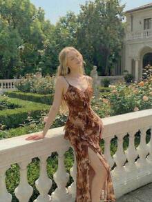 Vestido largo con abertura alta, cuello en V y volantes, con estampado de teñido anudado, vestidos de verano para mujer, vestidos en tonos pastel, vestido de fiesta, atuendo de fiesta, vestido de playa, atuendos de playa para mujer, vestidos ele - Marrón - Ver 1