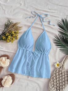 Blusa sin mangas con cuello halter y lazo en la espalda, adecuada para el verano - Celeste - Ver 5