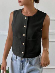 Chaqueta ajustada sin mangas de cuello redondo de unicolor para mujer, primavera/verano - Negro - Ver 3