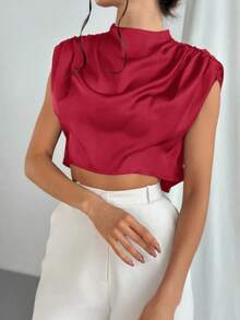 Blusa de mujer con cuello mao de unicolor y pliegues, informal y elegante, manga de murciélago fruncida, ajuste regular, top casual de uso diario para primavera/verano - Burdeos 2 - Ver 3