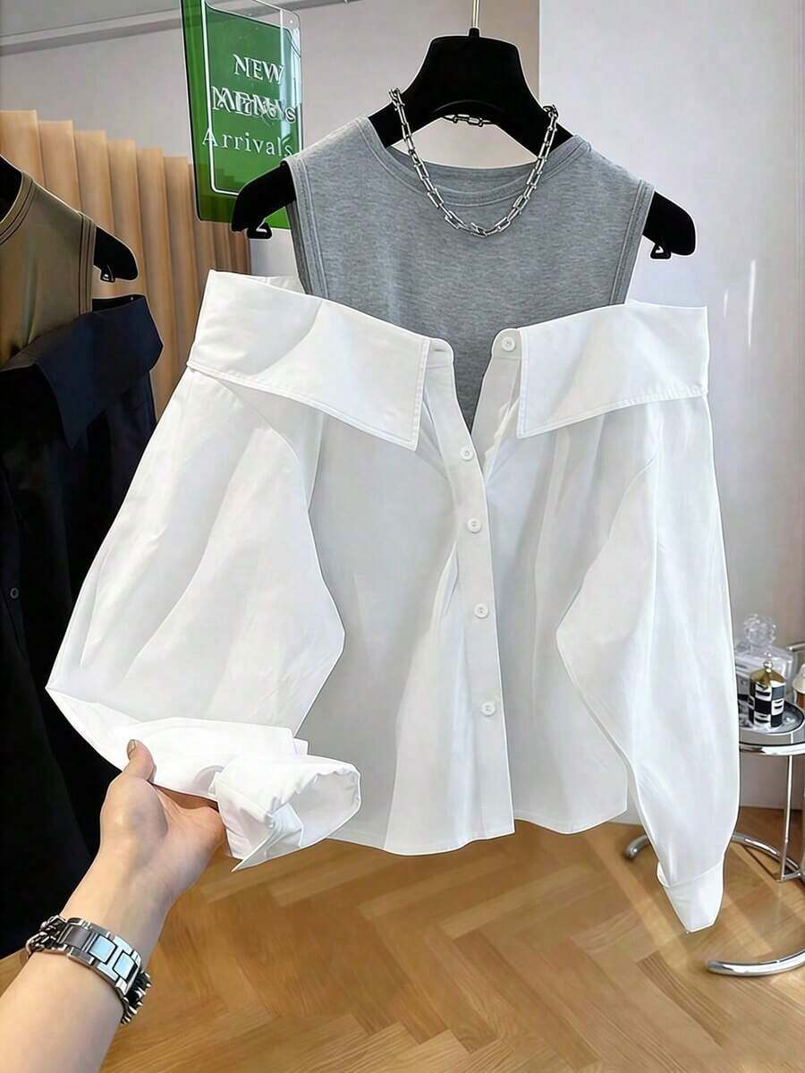 Blusa suelta de manga larga y hombros descubiertos de moda para mujeres - Multicolor - Ver 1