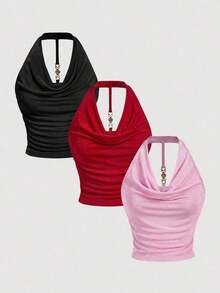 3 piezas Camiseta de mujer de unicolor con cuello drapeado de moda - Multicolor 2 - Ver 1