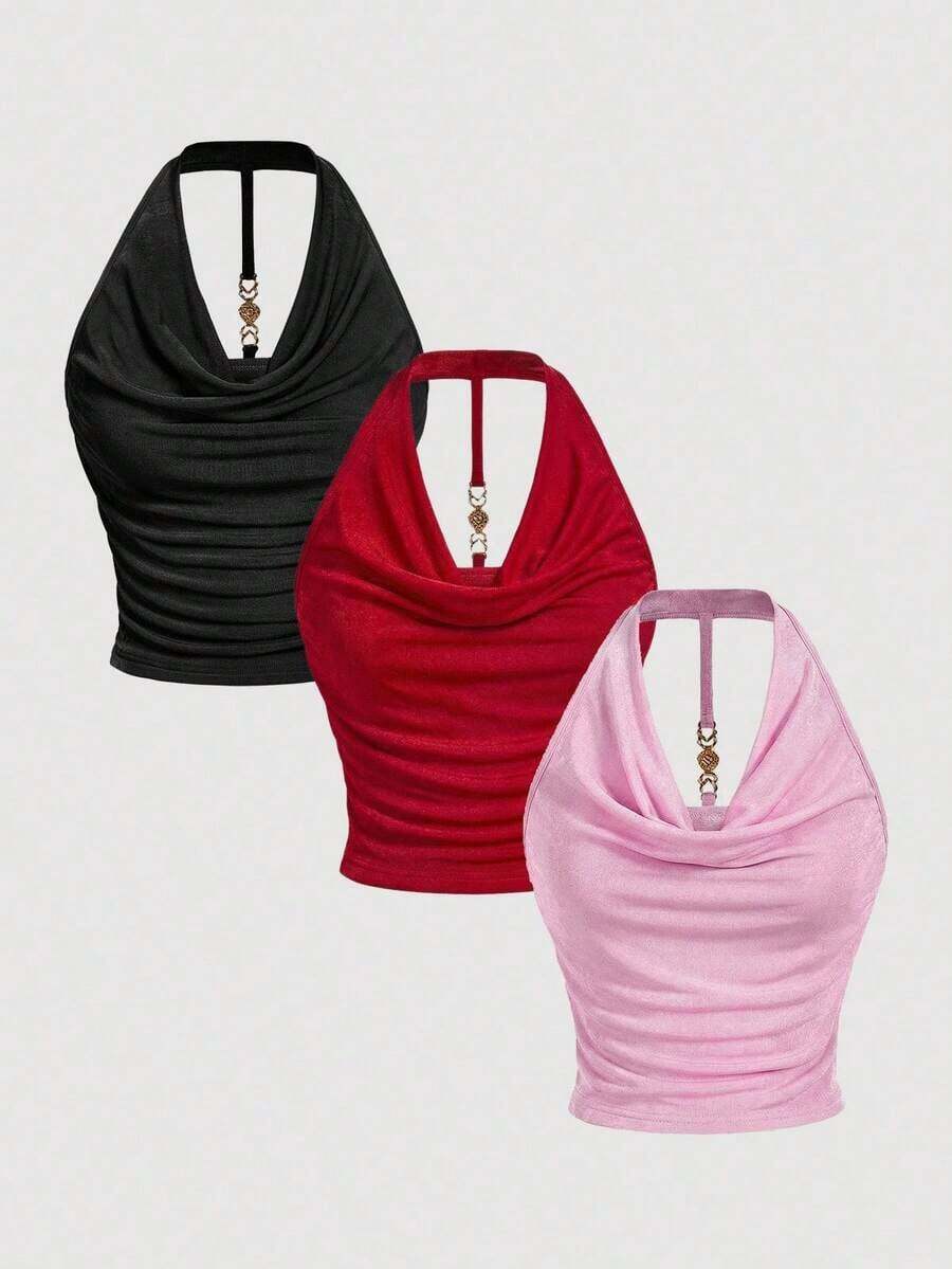 3 piezas Camiseta de mujer de unicolor con cuello drapeado de moda - Multicolor 2 - Ver 1