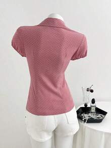 Camisa de mujer con cuello en V, cintura fruncida y manga corta, color blanco, para primavera/verano - Rosa - Ver 2