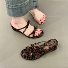 Nuevas Sandalias de Verano con Punta Redonda y Lazo, Cómodas, de Tacón Alto, Elegantes, de Cuña, Casuales para Mujer - estampado de leopardo - Ver 2