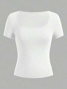 Blusa corta con cuello en V profundo y manga corta, estilo sexy Y2K para mujer, de tela elástica negra, adecuada para discoteca, fiesta, festival de música y estilo casual de calle en verano - Blanco - Ver 2