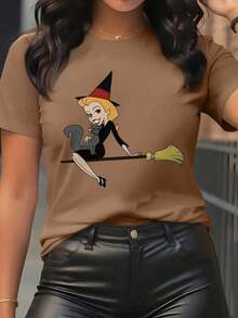Y2K Women's Elegant Style T-Shirt With Witch Print, Short Sleeve, Round Neck, Casual Top For All Seasons | Fashionable Casual Wear |  Letter Print - 黑色 - 查看 10