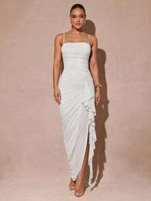 xheSilquee Elegante vestido verde salvia con mangas abullonadas románticas y abertura alta, vestido de fiesta ajustado con encaje para el Día de San Valentín, citas, invitados de boda, baile de graduaciónxhe - Blanco - Ver 1