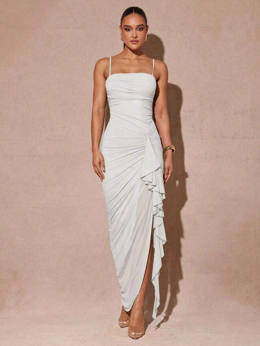 xheSilquee Elegante vestido verde salvia con mangas abullonadas románticas y abertura alta, vestido de fiesta ajustado con encaje para el Día de San Valentín, citas, invitados de boda, baile de graduaciónxhe - Blanco - Ver 1