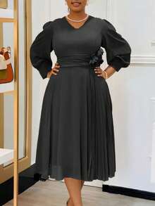 Vestido en corte A de color liso, elegante y con estilo, nueva llegada de primavera para tallas grandes - Negro - Ver 4