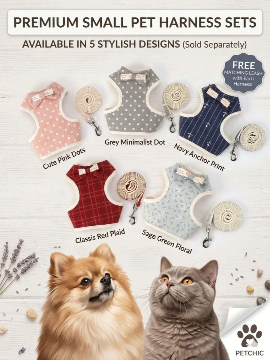 Bộ dây đeo và dây dắt thú cưng PETCHIC chấm bi hồng dễ thương, thích hợp cho cắm trại ngoài trời mùa xuân, dắt chó/mèo đi dạo, dây đeo có thể điều chỉnh, mềm mại và thoải mái. Phụ kiện hoạt động ngoài trời cho thú cưng.