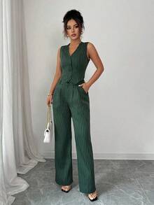 Unity Conjunto de top sin mangas con botones frontales a rayas y pantalones largos para mujer - Verde Oscuro - Ver 4