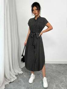 Vestido largo de manga corta para verano 2025, nuevo, con bolsillo, abertura lateral, cinturón y lazo, estampado de leopardo, para uso casual y de viaje - Negro - Ver 3