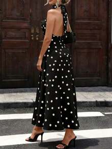 Vestido elegante y sexy con estampado de lunares, espalda descubierta y cuello con lazo, adecuado para fiestas y vacaciones - Negro - Ver 5
