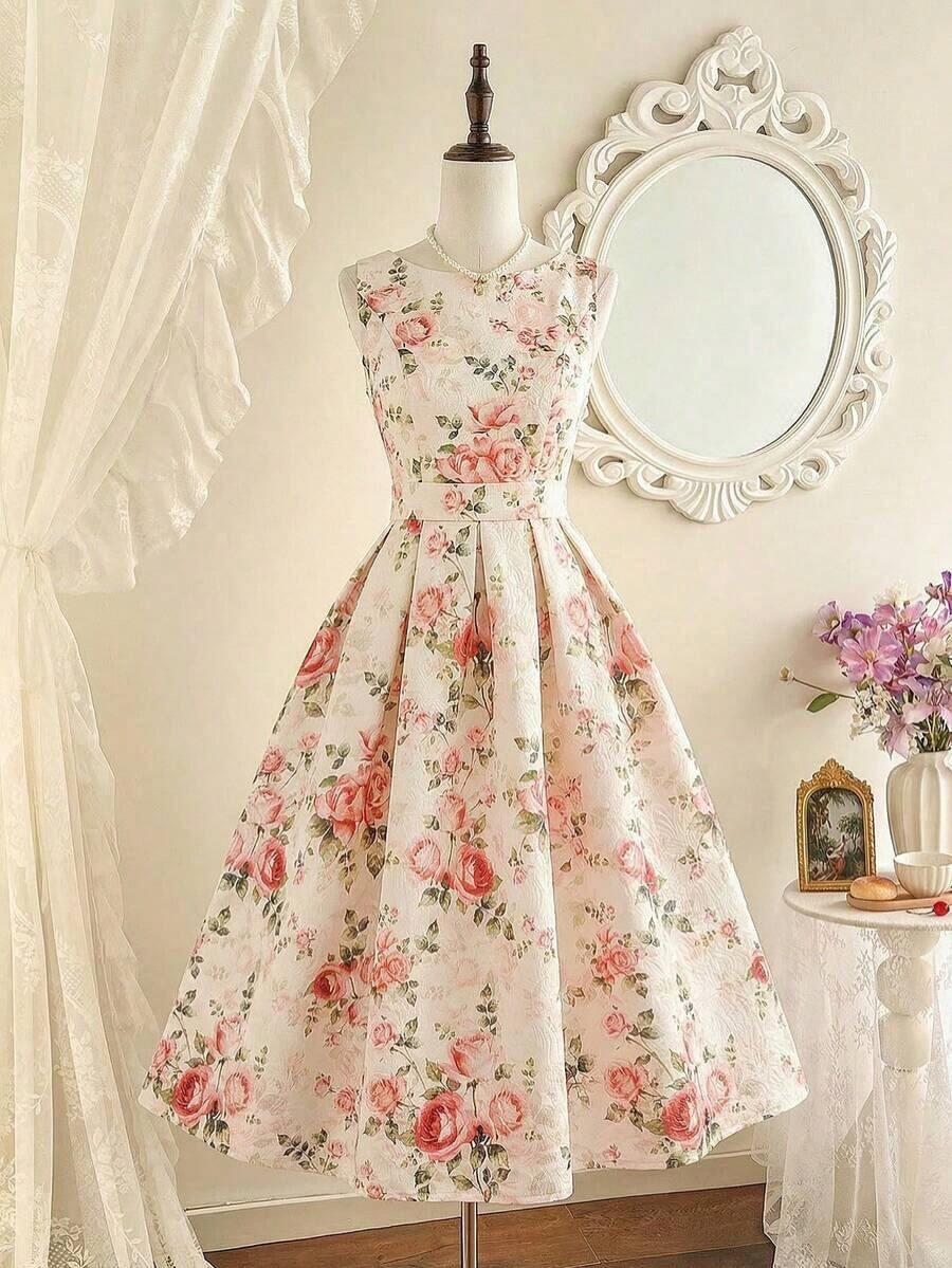 DECDS Vestido de mujer elegante y vintage con estampado floral de jacquard para fiestas, festivales y eventos elegantes.Vestidos largos elegantes para fiestas para mujeres en otoño, invierno, Navidad, Halloween y Año Nuevo. - Albaricoque - Ver 1