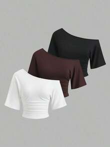 Nuevo conjunto de 3 piezas ajustado con hombros descubiertos, estilo sexy europeo y americano. Camiseta de unicolor versátil y casual para mujer, adecuada para primavera/verano, uso diario, ir al trabajo, citas - Multicolor 3 - Ver 10