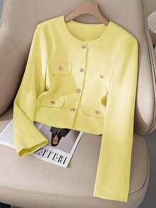 Chaqueta minimalista de mujer de unicolor con botones delanteros y mangas largas, elegante y casual, ligera para primavera y otoño, color negro - Amarillo - Ver 2
