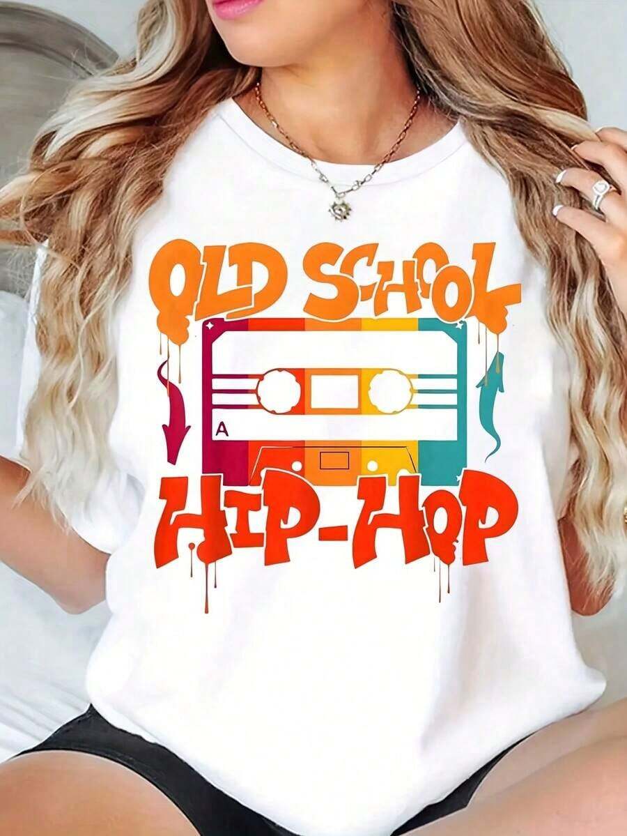 Women's Short-Sleeved T-Shirt, Old School Hip-Hop Style With Tape Print, Casual Urban Clothing Top, 220g, For Leisure Time. - 白色 - 查看 1