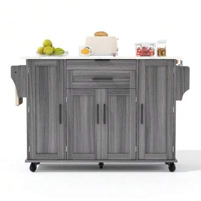 120*45 Cm, Mobile Kitchen Island, Kitchen Trolley, Worktop Extendable Up To 70 Cm, Hidden Cutlery Drawer, Adjustable Shelves, Spice Rack And Towel Rack, Suitable For Kitchen, Dining Room Or Living Room.